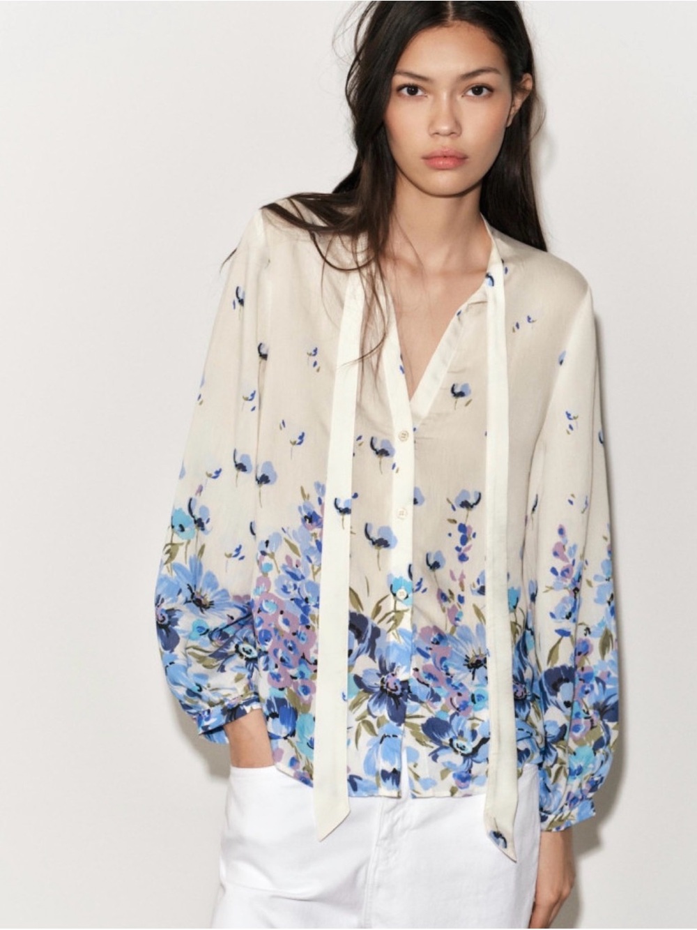 Zara Cream Blouse with Blue Floral Print and Tie Neck